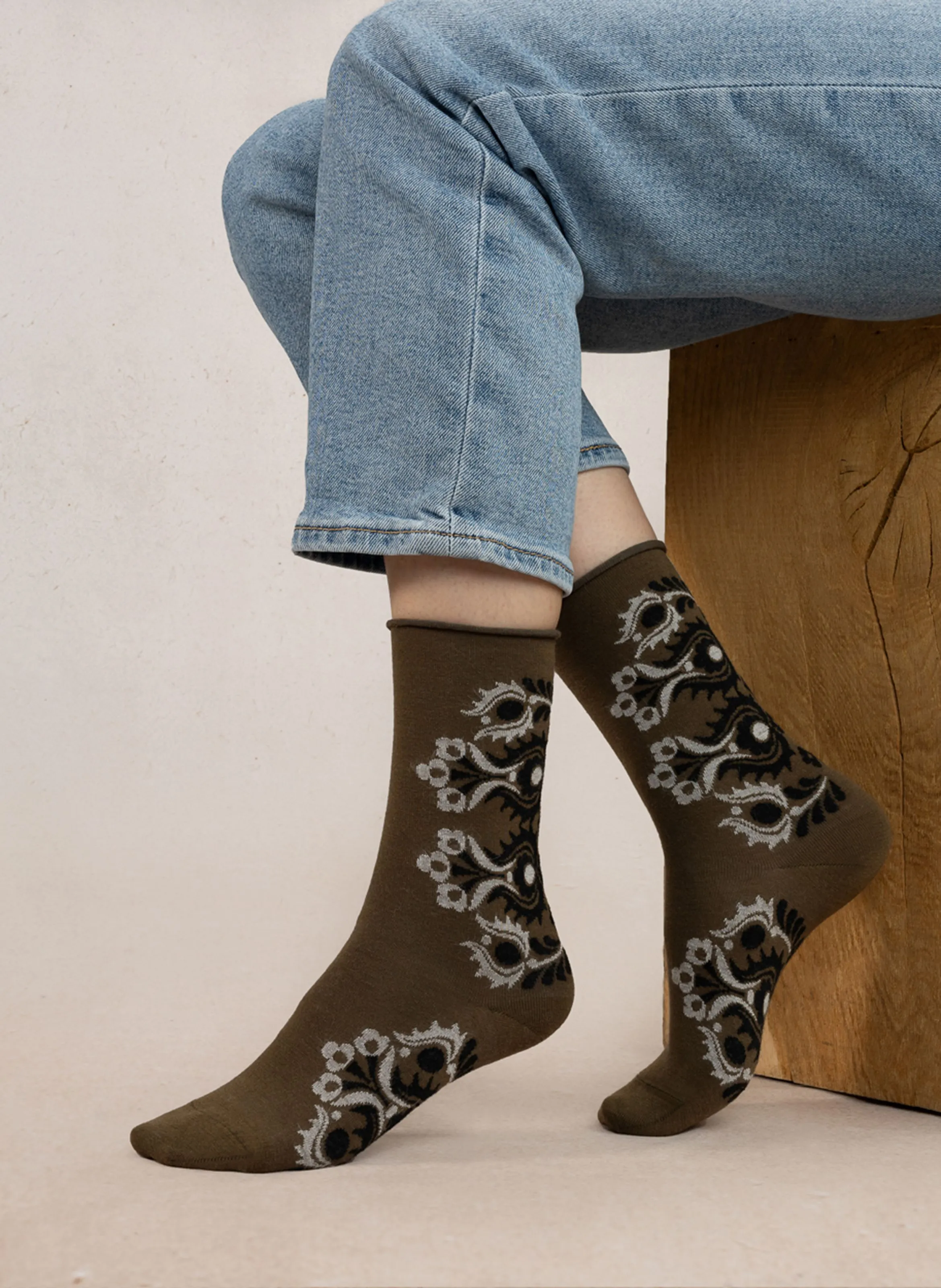 BLEUFORET FOLKE  CALCETINES DE LANA MEZCLADA ESTAMPADOS EN CAQUI