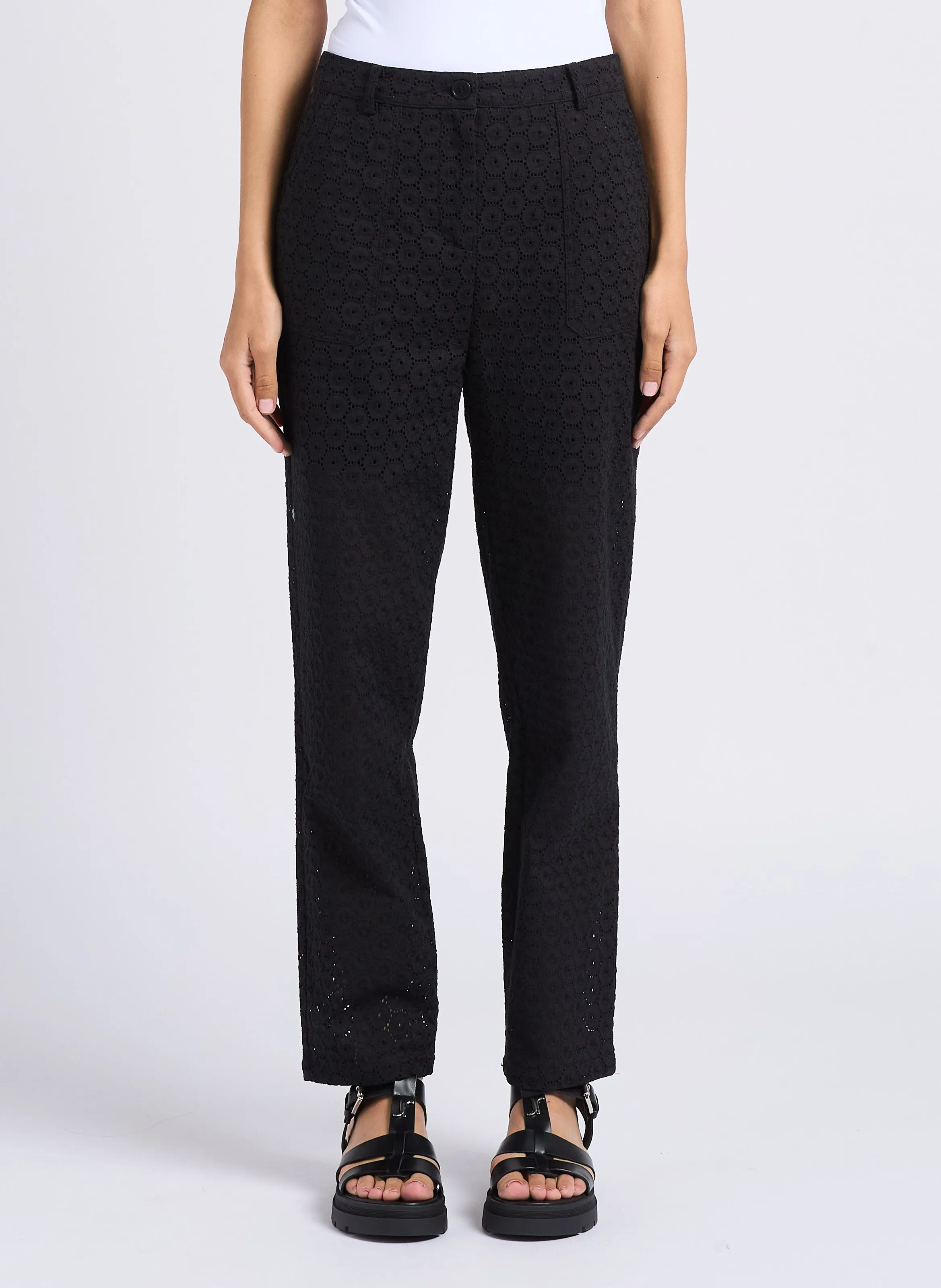EKYOG RODESS  PANTALóN RECTO BORDADO DE ALGODóN ORGáNICO EN NEGRO