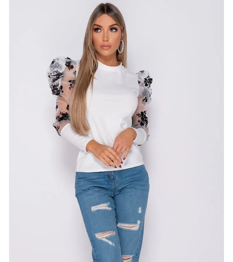 FLORAL IMPRESIóN FLOCK ABULTADA MANGAS DE CUELLO ALTO MANGAS  DAMAS  BLANCO