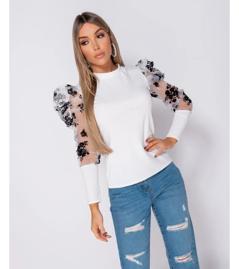 FLORAL IMPRESIóN FLOCK ABULTADA MANGAS DE CUELLO ALTO MANGAS  DAMAS  BLANCO