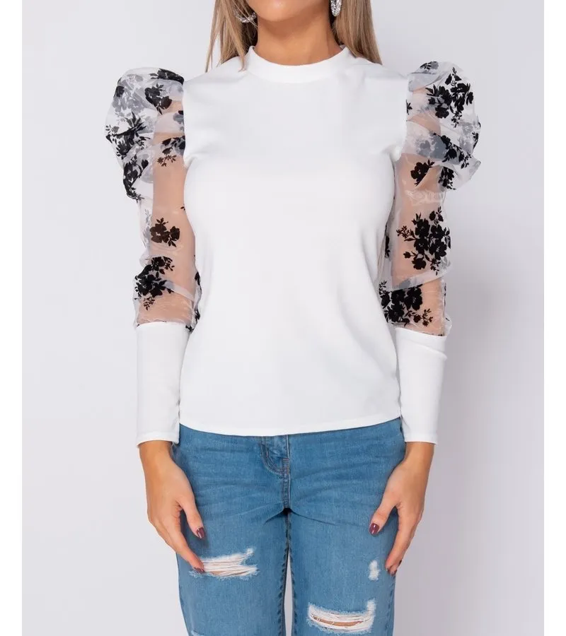 FLORAL IMPRESIóN FLOCK ABULTADA MANGAS DE CUELLO ALTO MANGAS  DAMAS  BLANCO