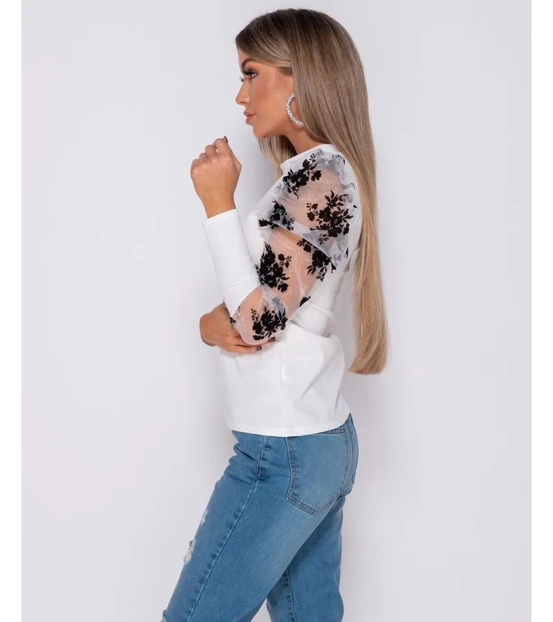 FLORAL IMPRESIóN FLOCK ABULTADA MANGAS DE CUELLO ALTO MANGAS  DAMAS  BLANCO
