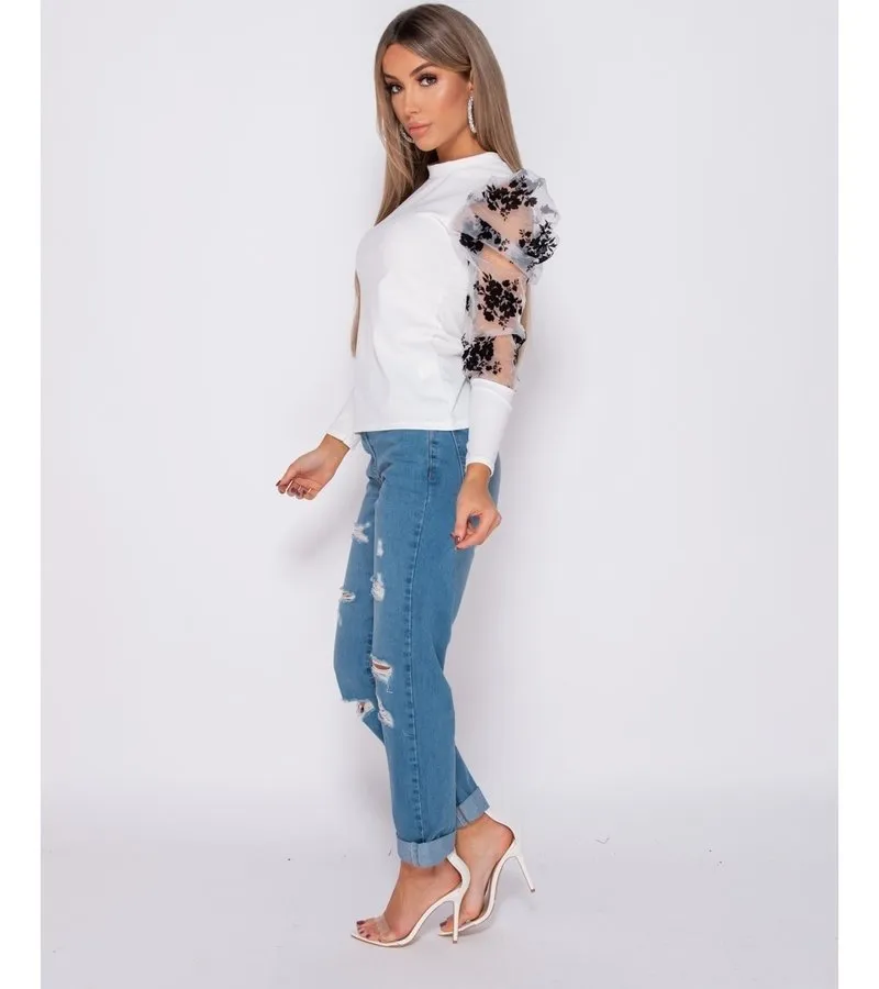 FLORAL IMPRESIóN FLOCK ABULTADA MANGAS DE CUELLO ALTO MANGAS  DAMAS  BLANCO