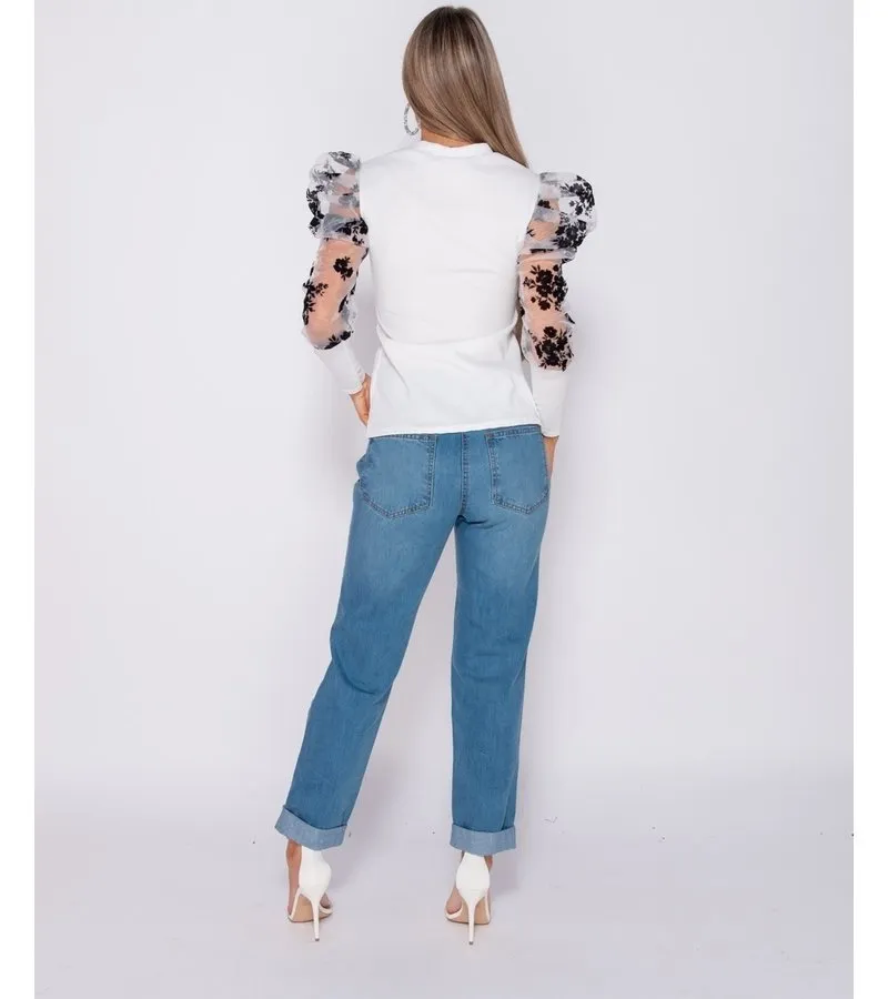 FLORAL IMPRESIóN FLOCK ABULTADA MANGAS DE CUELLO ALTO MANGAS  DAMAS  BLANCO