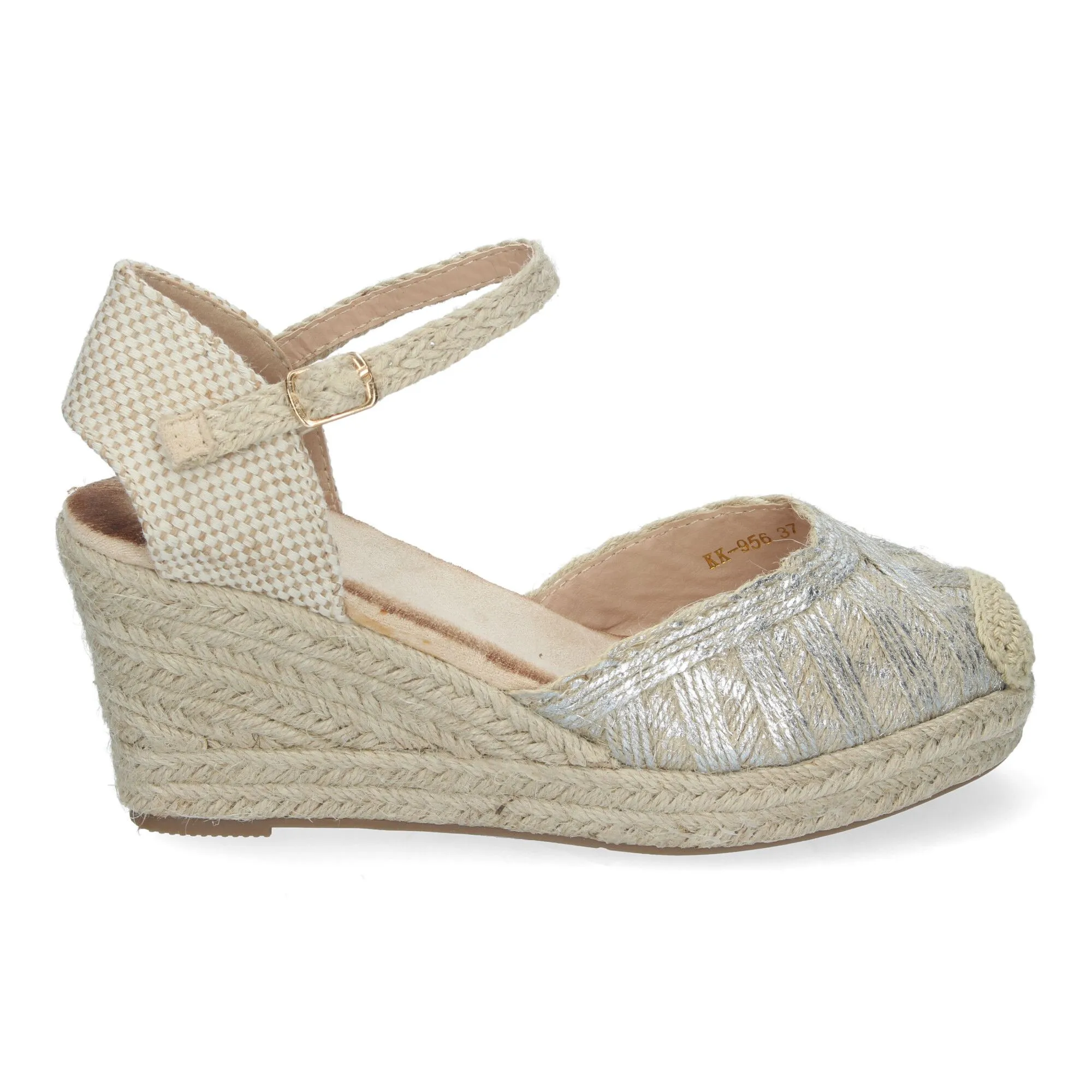 SANDALIAS DE CUñA FORRADA EN YUTE PARA MUJER PALA CERRADA PLATA KK956