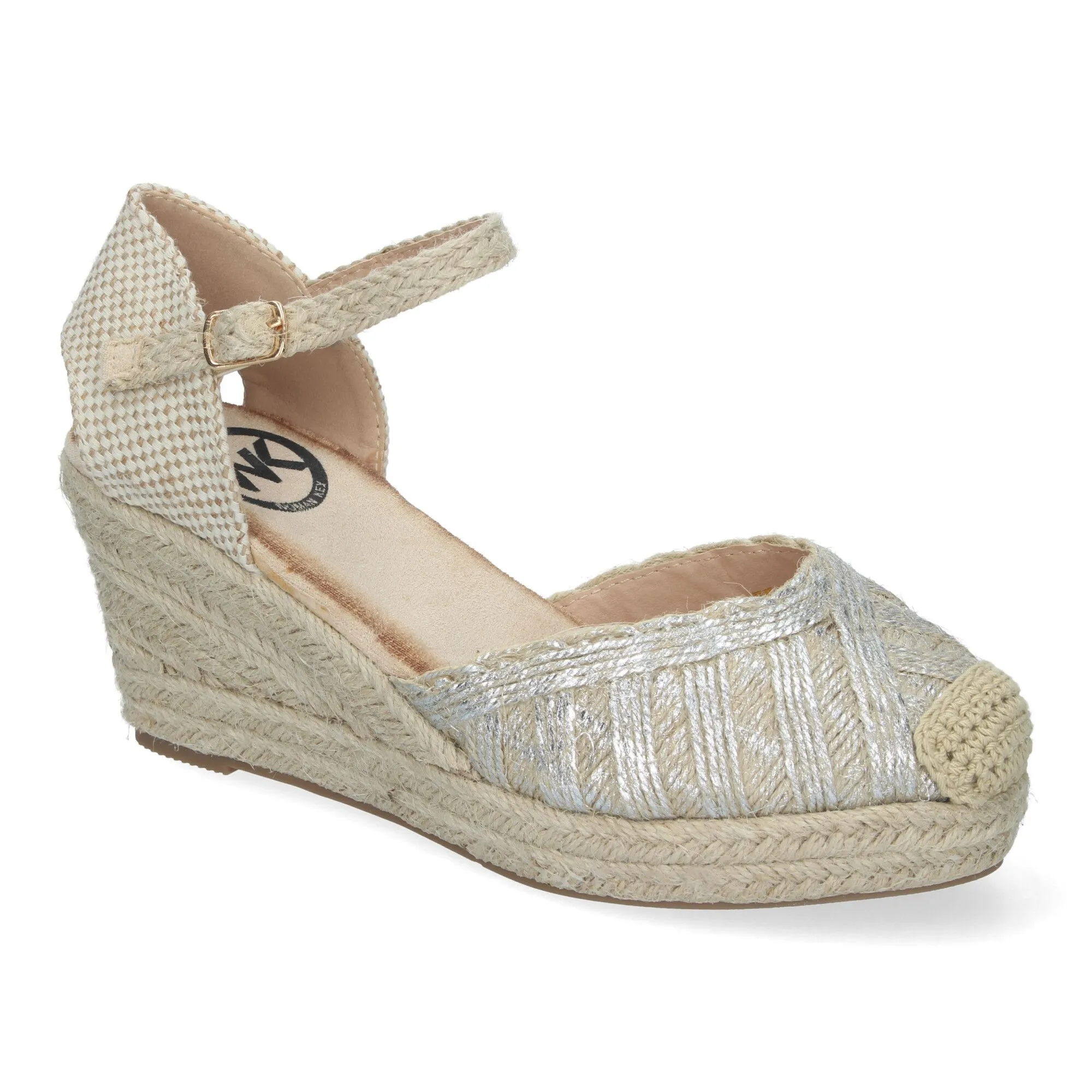 SANDALIAS DE CUñA FORRADA EN YUTE PARA MUJER PALA CERRADA PLATA KK956