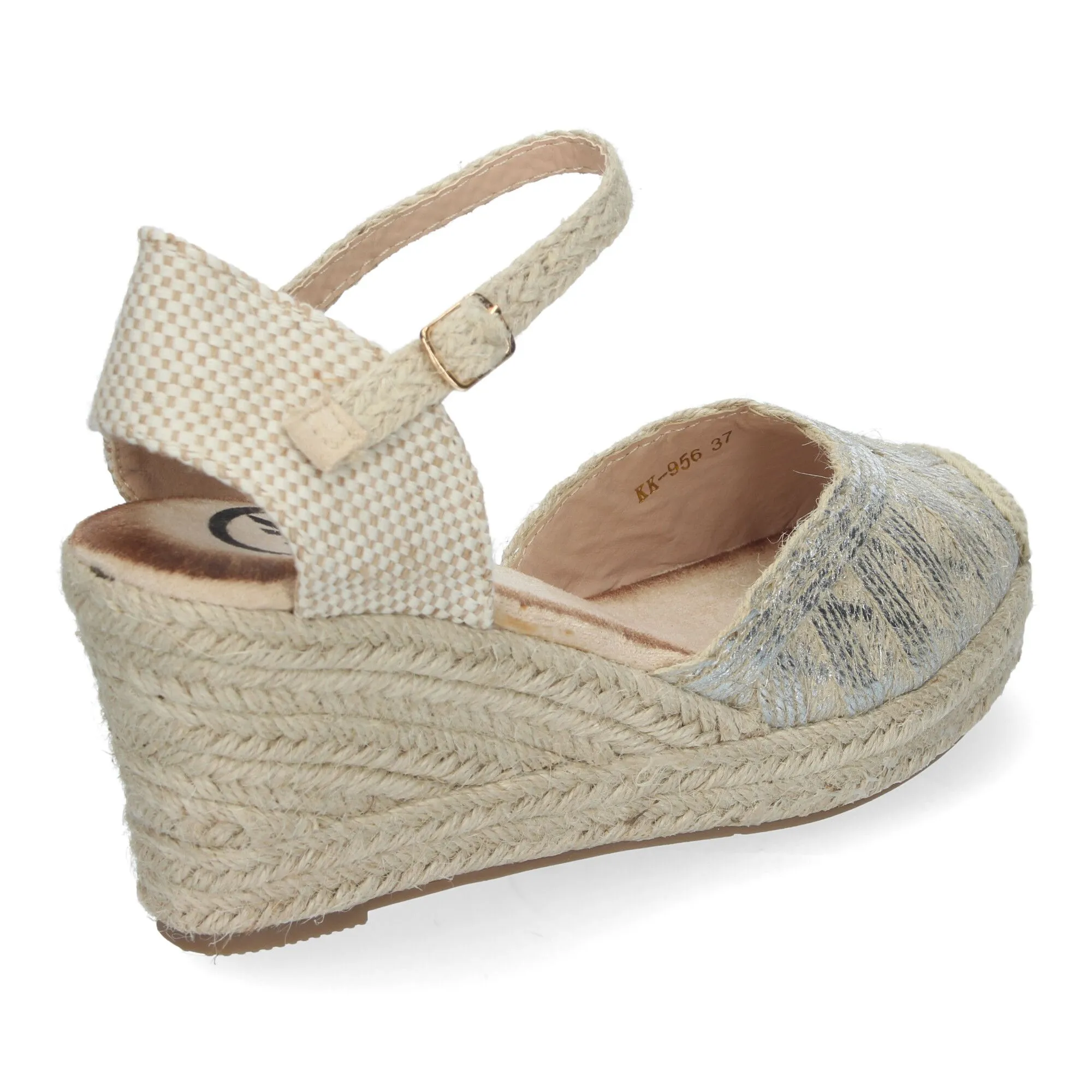 SANDALIAS DE CUñA FORRADA EN YUTE PARA MUJER PALA CERRADA PLATA KK956