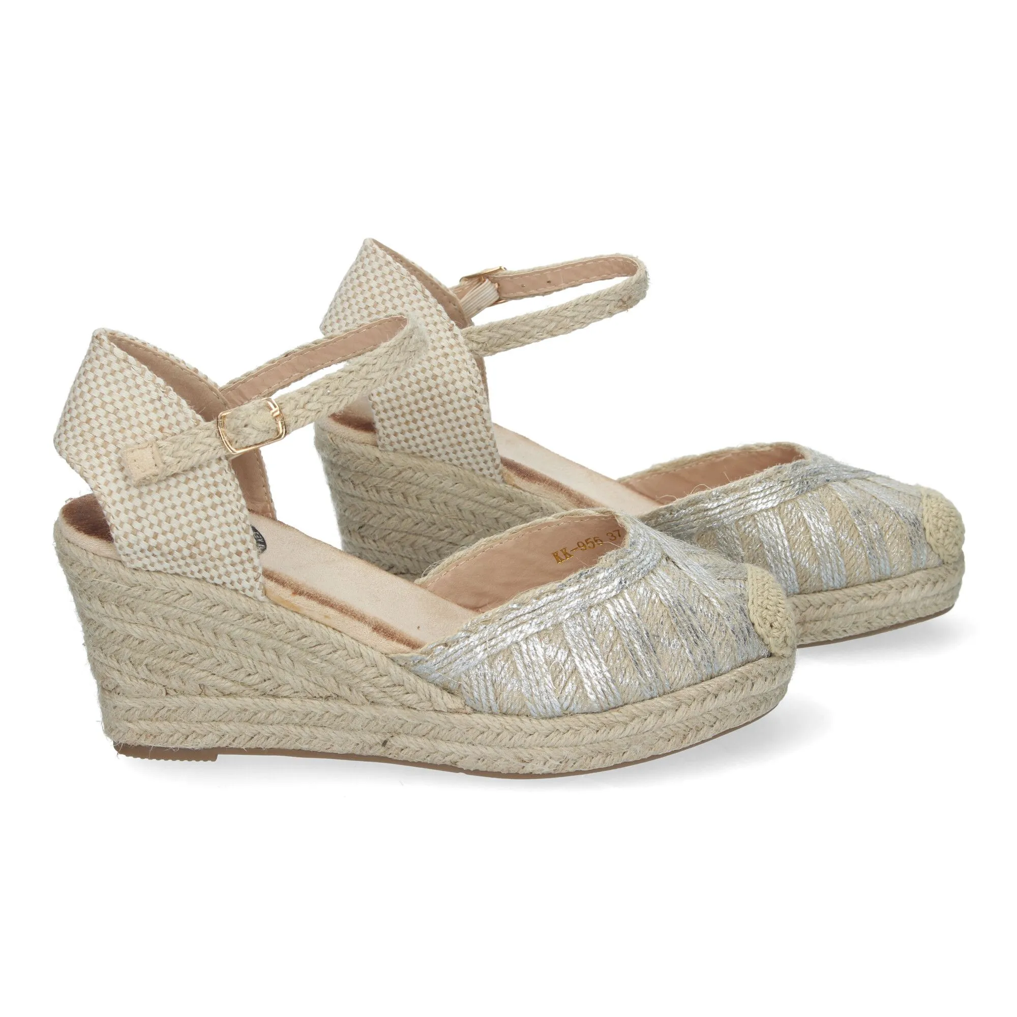 SANDALIAS DE CUñA FORRADA EN YUTE PARA MUJER PALA CERRADA PLATA KK956