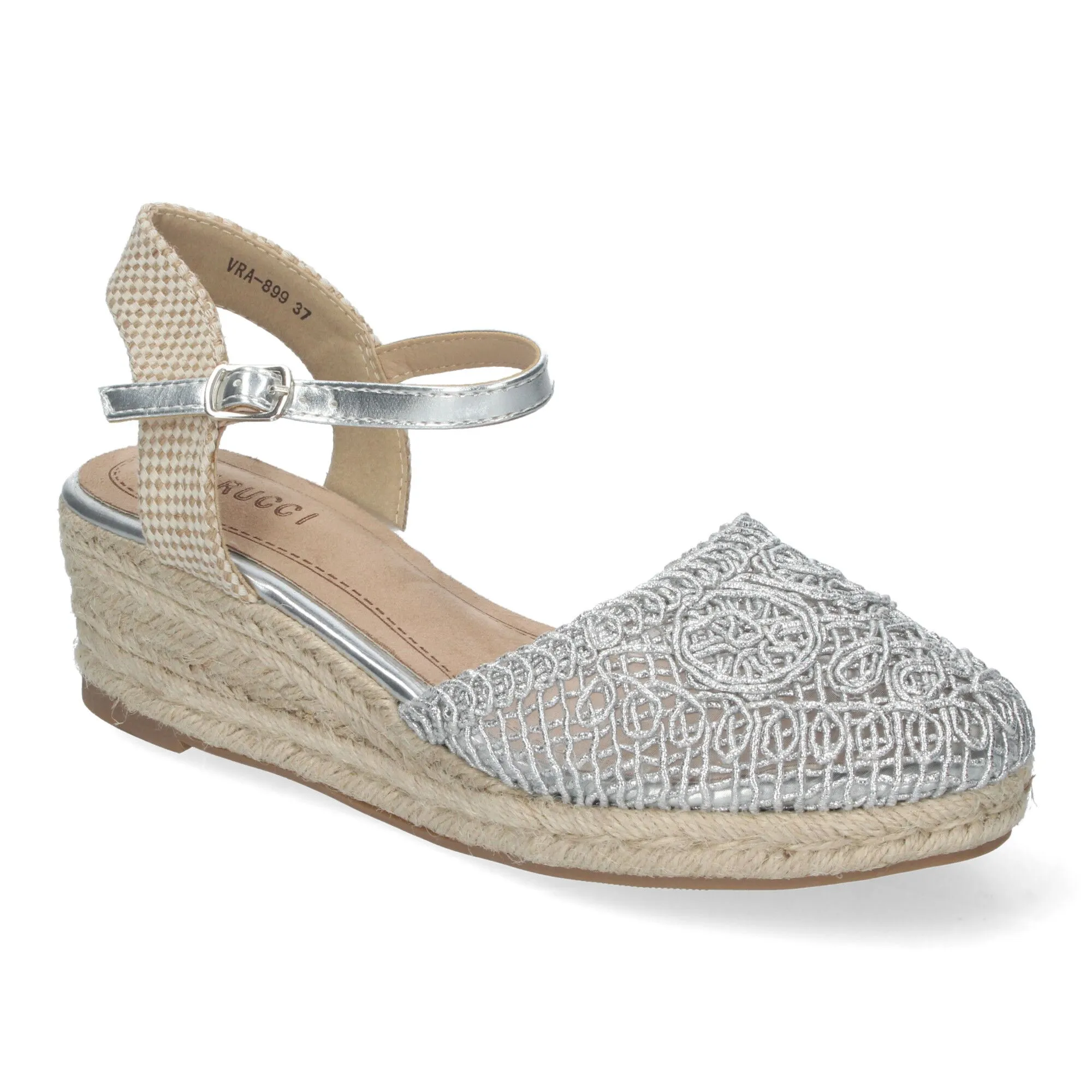 SANDALIAS DE CUñA MEDIA EN YUTE PLATA PARA MUJER CROCHET VRA899