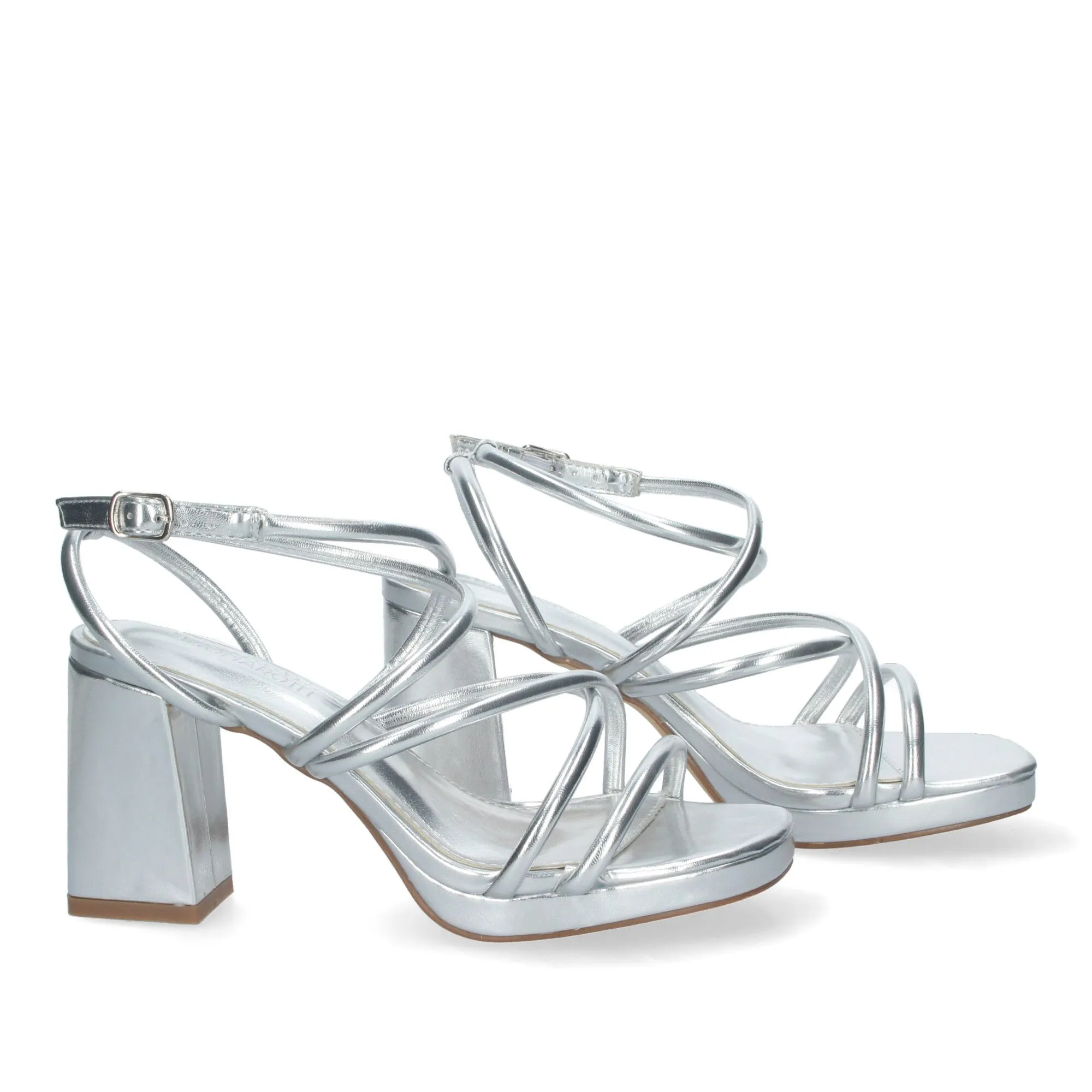 SANDALIAS PLATEADAS DE TACóN ANCHO PARA FIESTA TIRAS FINAS MUJER BL3078