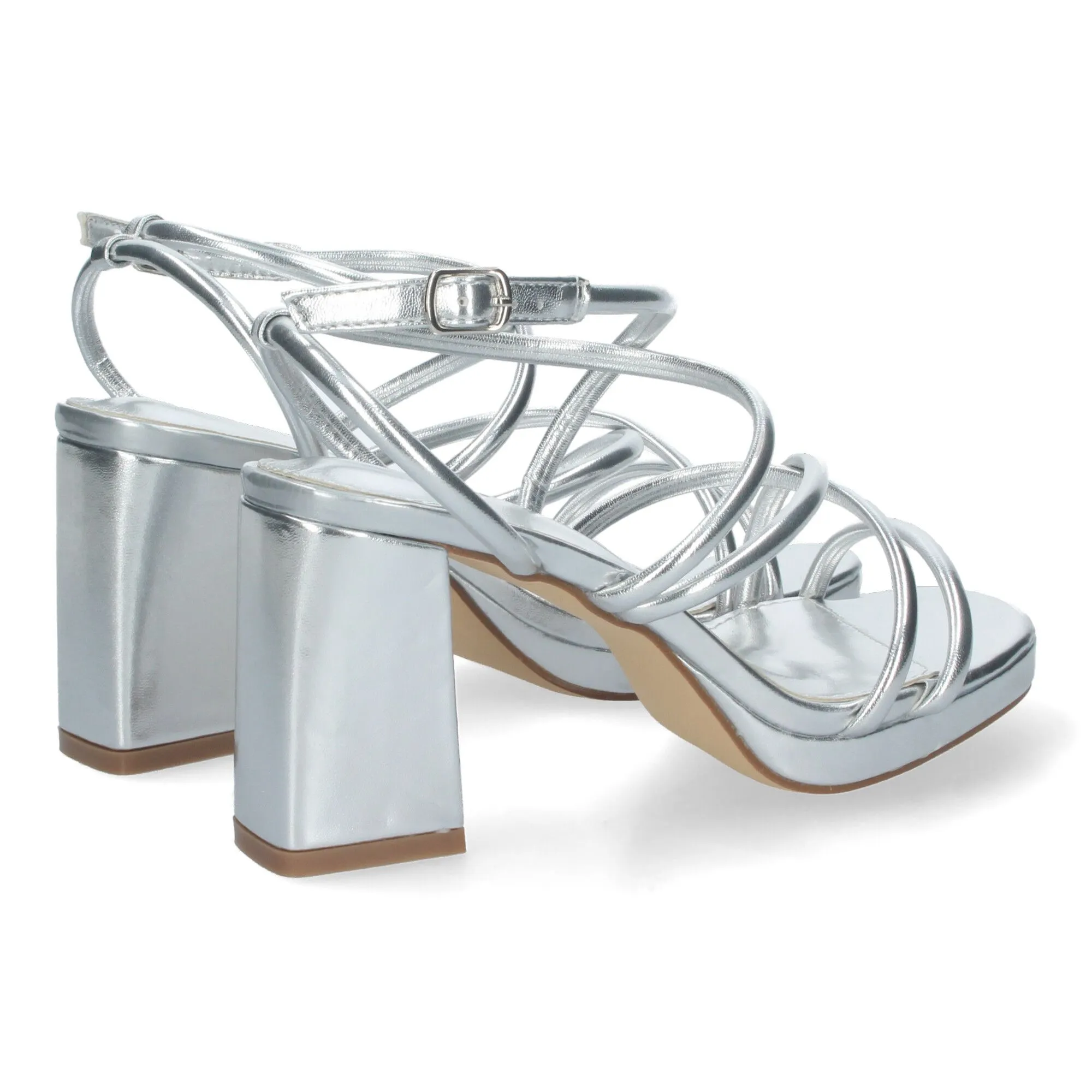 SANDALIAS PLATEADAS DE TACóN ANCHO PARA FIESTA TIRAS FINAS MUJER BL3078