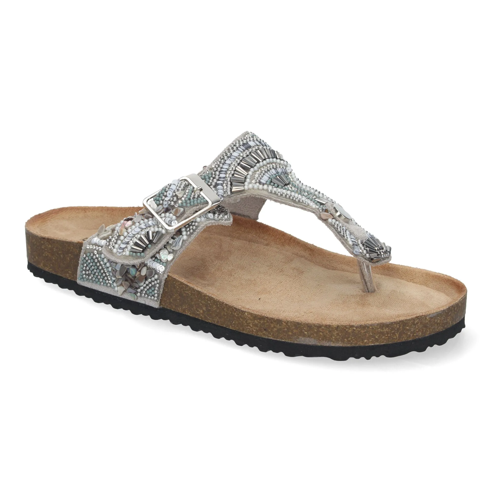 SANDALIAS PLATEADAS PLANAS ESTILO BIO ESCLAVA PARA MUJER AY3066
