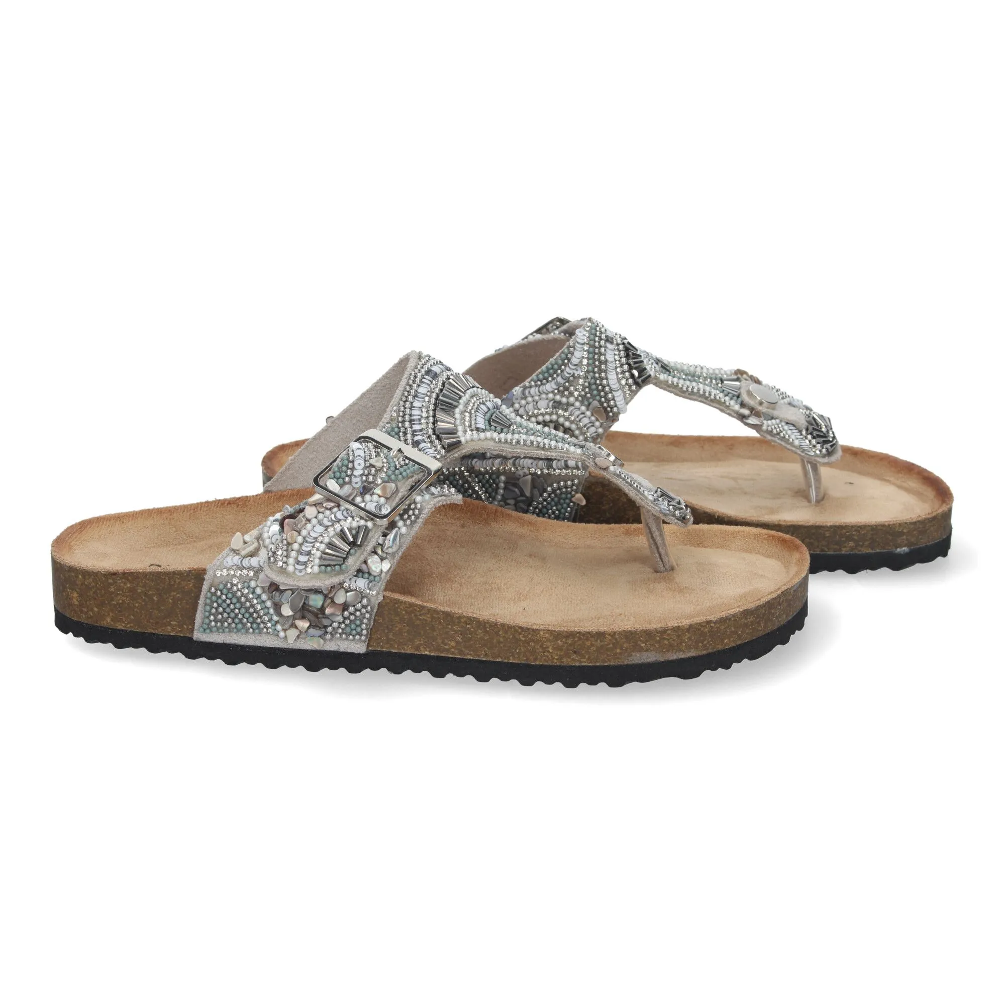 SANDALIAS PLATEADAS PLANAS ESTILO BIO ESCLAVA PARA MUJER AY3066