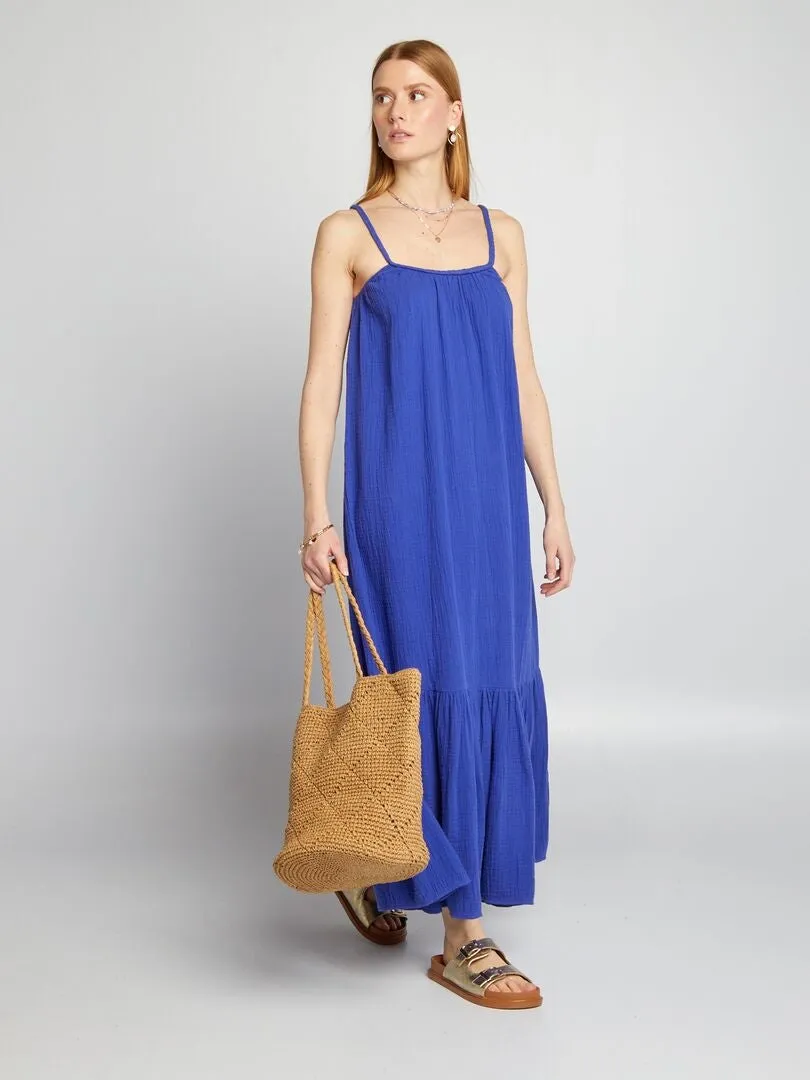 VESTIDO LARGO CON TIRANTES TRENZADOS  AZUL