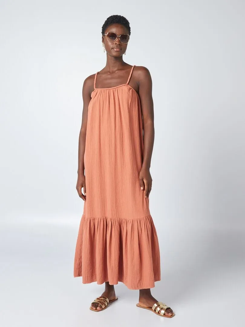 VESTIDO LARGO CON TIRANTES TRENZADOS  MARRON