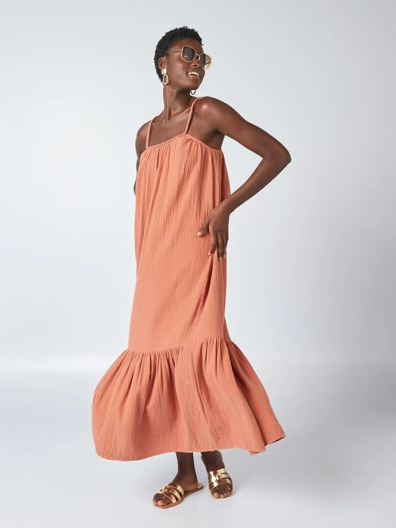 VESTIDO LARGO CON TIRANTES TRENZADOS  MARRON