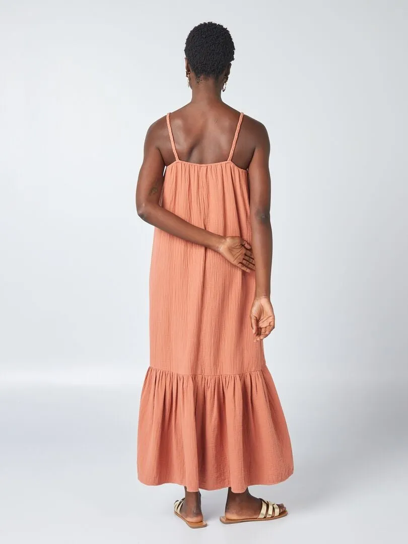 VESTIDO LARGO CON TIRANTES TRENZADOS  MARRON