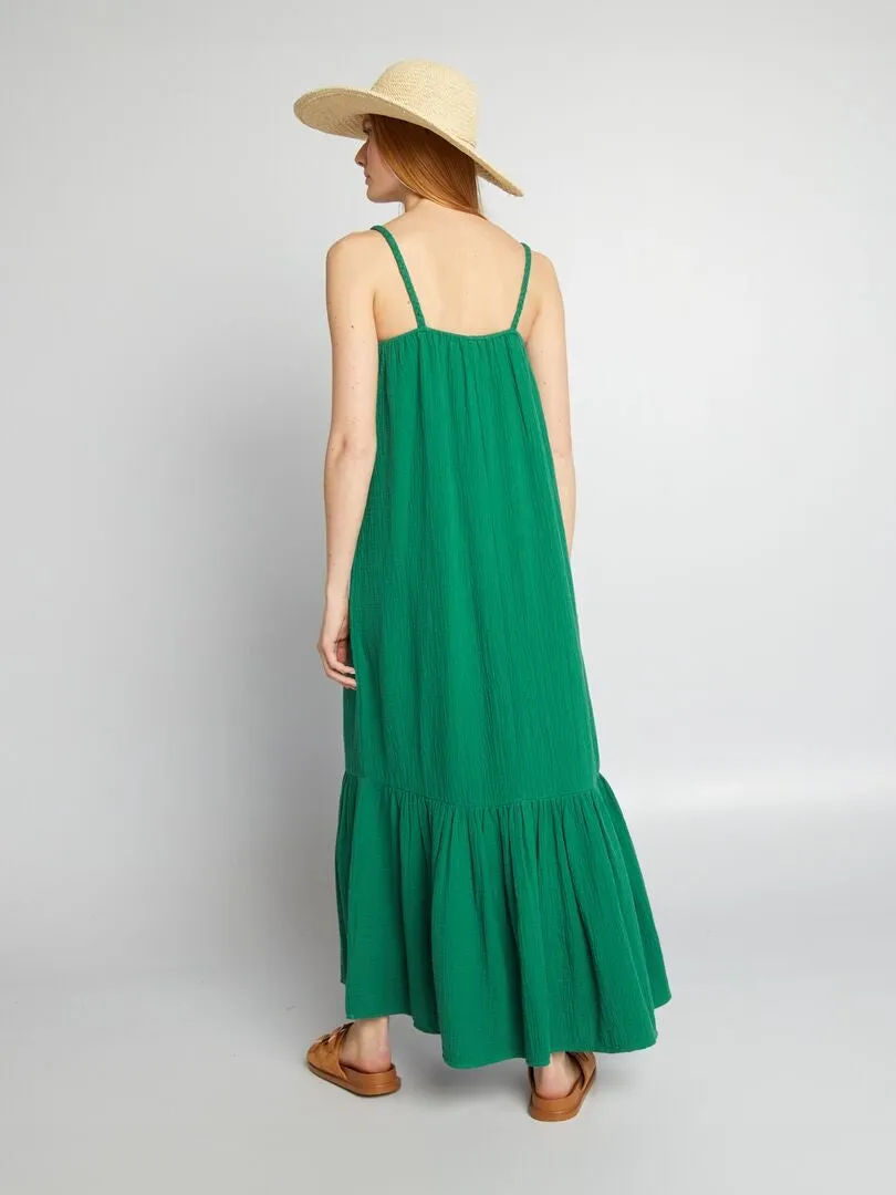 VESTIDO LARGO CON TIRANTES TRENZADOS  VERDE