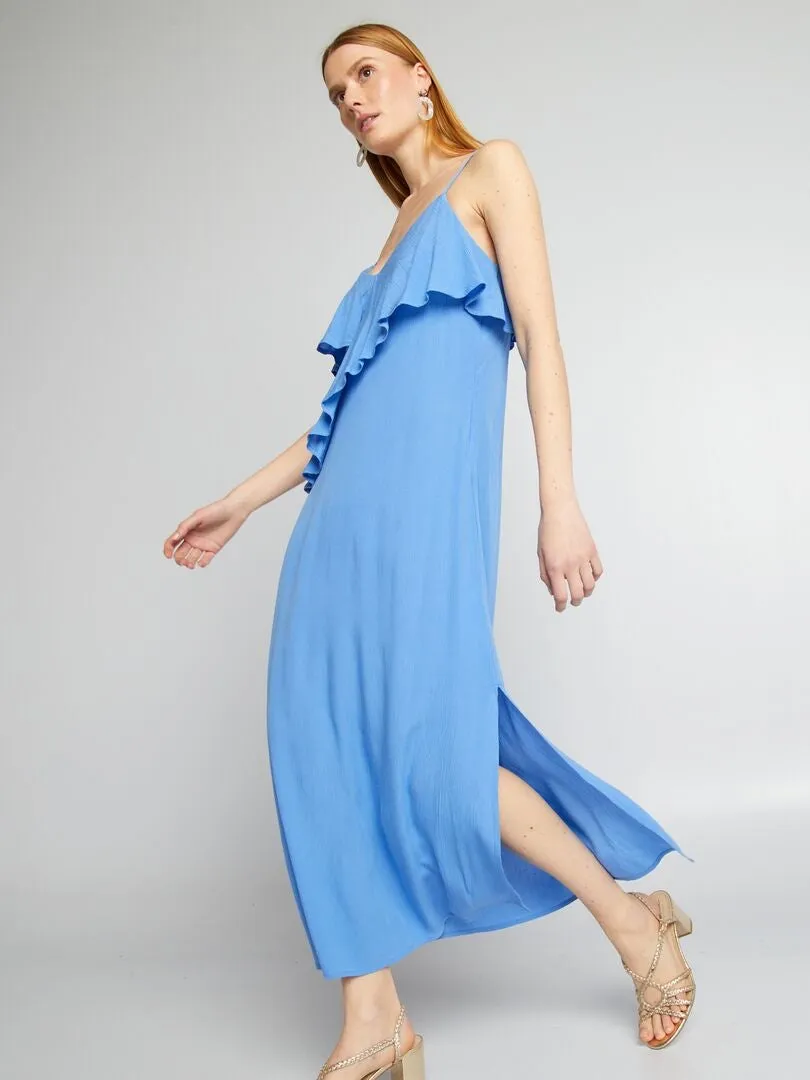 VESTIDO LARGO CON VOLANTES  AZUL