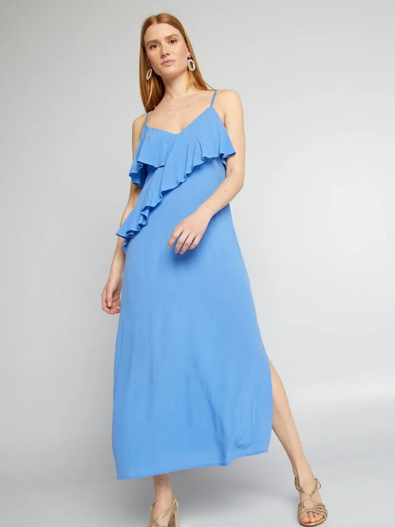 VESTIDO LARGO CON VOLANTES  AZUL