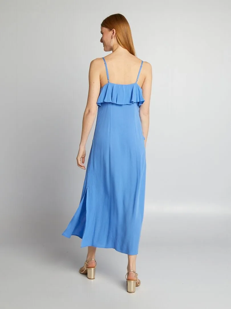 VESTIDO LARGO CON VOLANTES  AZUL