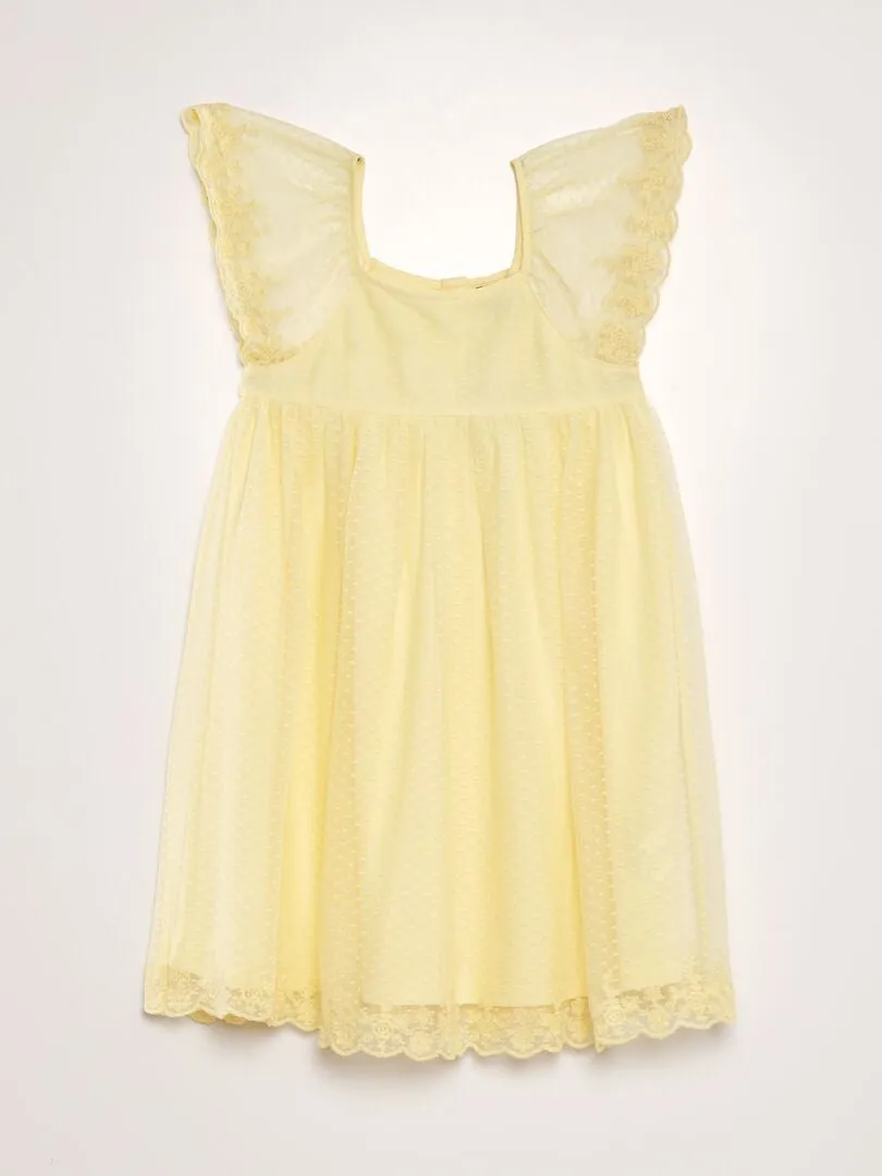 VESTIDO TRAPECIO DE TUL DE PLUMETI  AMARILLO