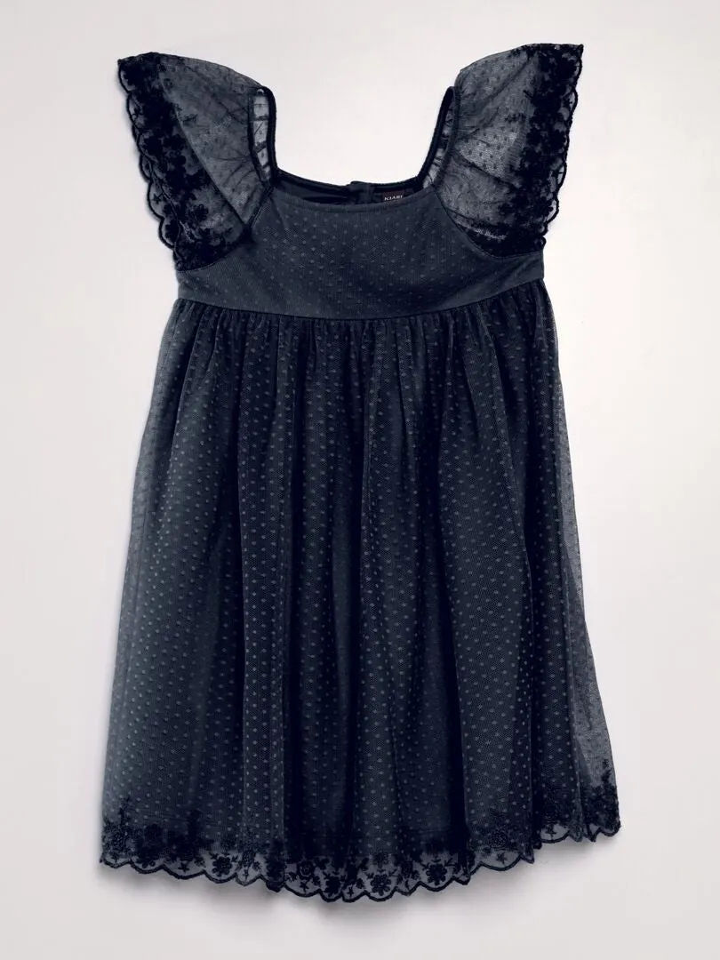 VESTIDO TRAPECIO DE TUL DE PLUMETI  AZUL