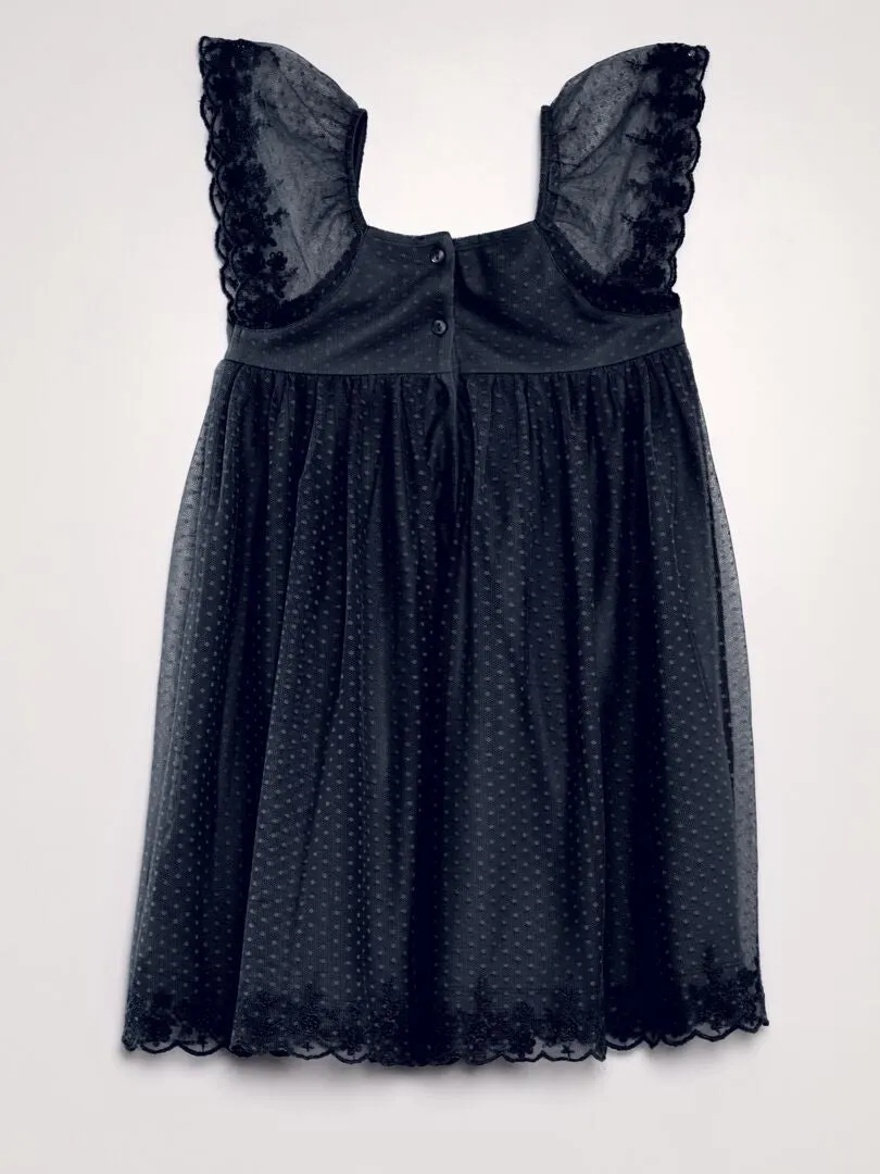 VESTIDO TRAPECIO DE TUL DE PLUMETI  AZUL