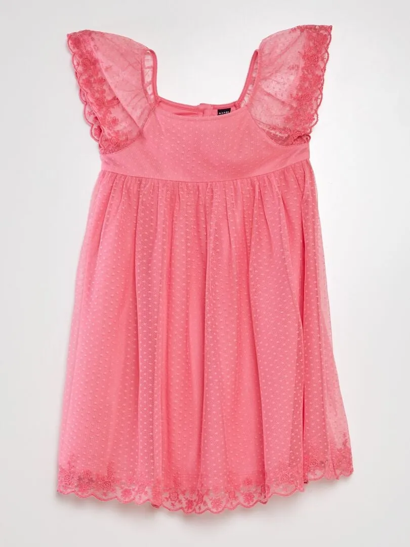 VESTIDO TRAPECIO DE TUL DE PLUMETI  ROSA