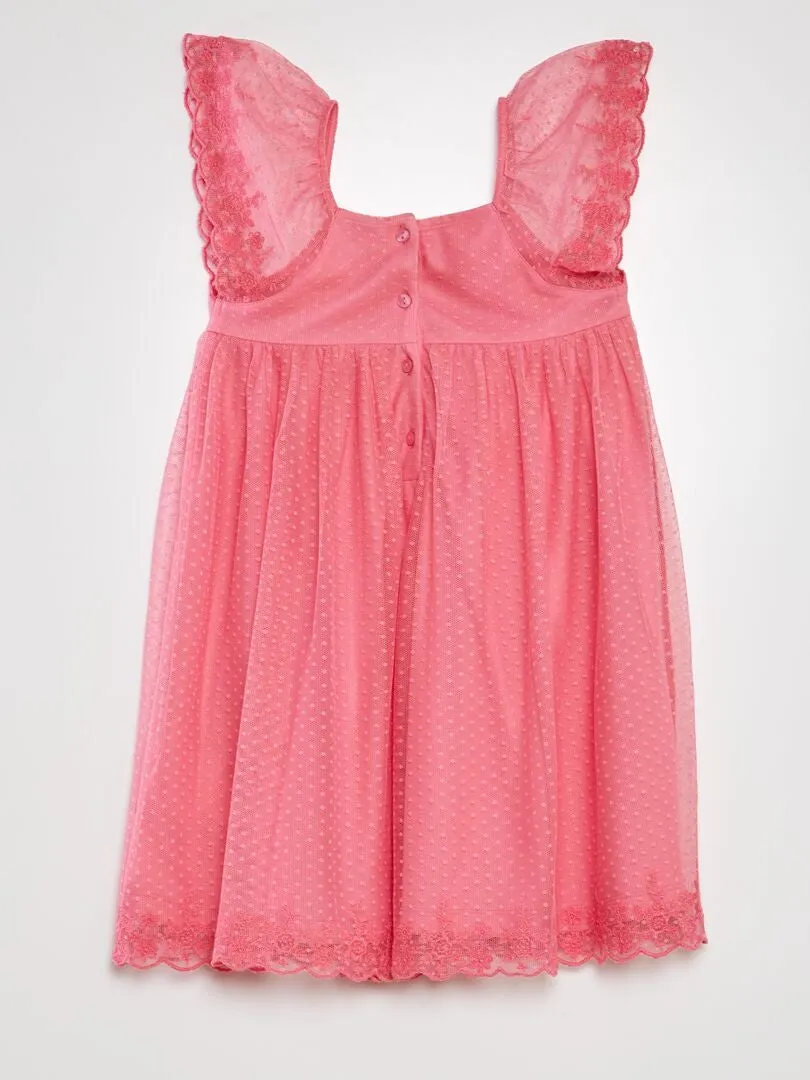 VESTIDO TRAPECIO DE TUL DE PLUMETI  ROSA