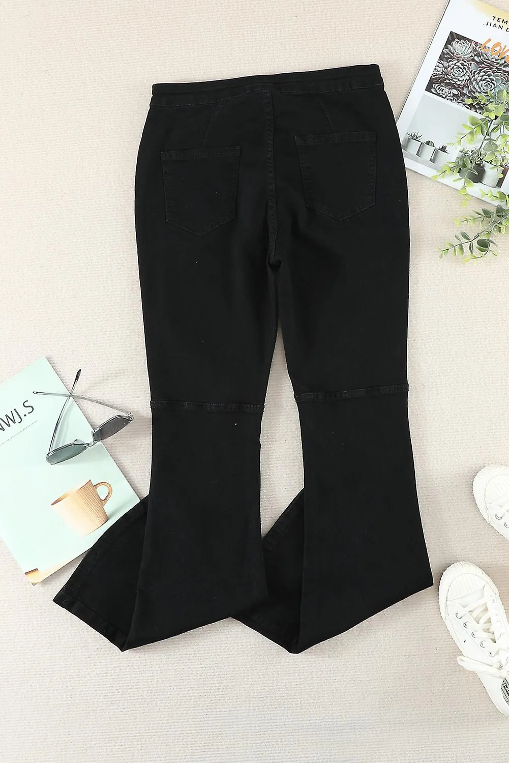 Women's Black High Waist Pockets Bell Jeans